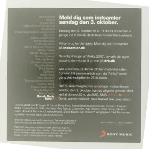 CD - Afrika 2010 til fordel for Dansk Røde Kors fra Sony Music Entertainment Denmark