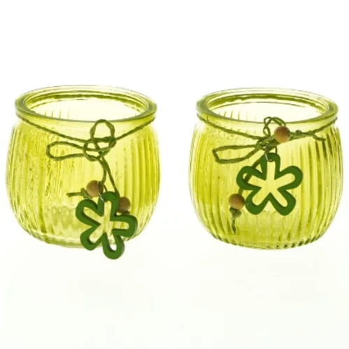 Grønne glaslygteholdere med dekorative detaljer (str. H. 6,5 cm. ø. 7,5 cm)
