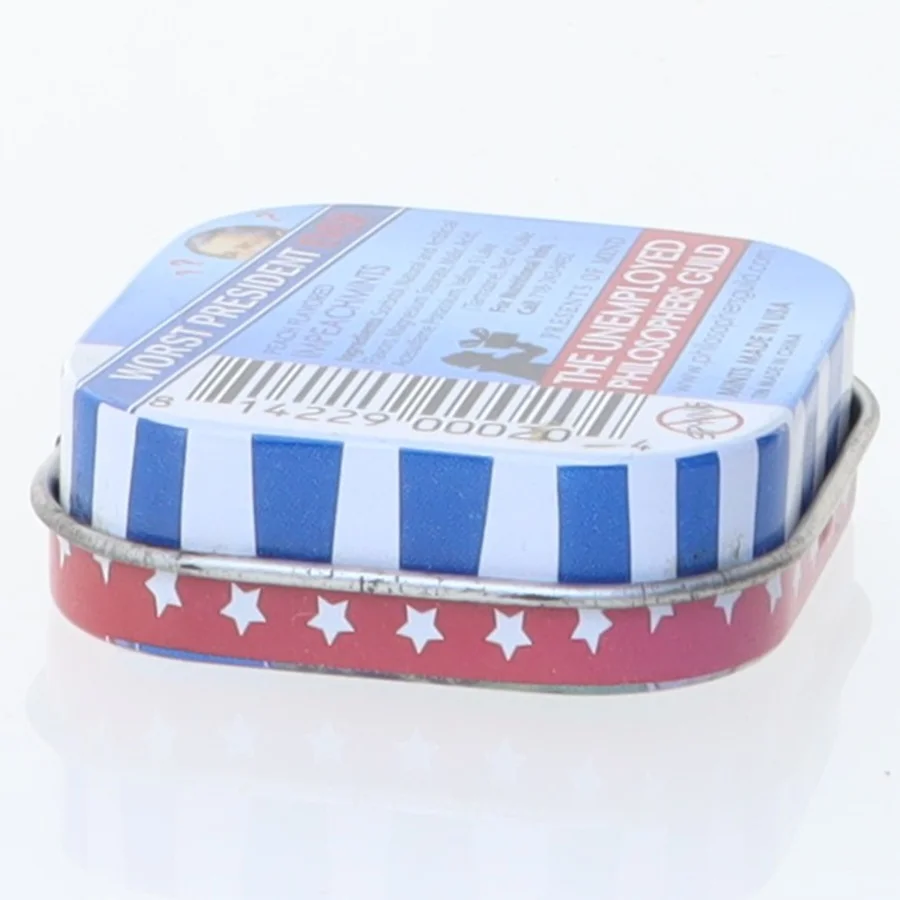 Metaldåse med pastiller, præsident Bush motiv (str. 4,5 x 4,5 cm)