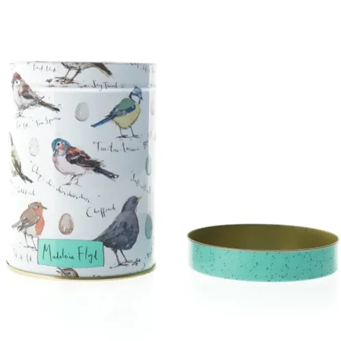 Dekorativ metaldåse med fuglemotiver (str. 15 x 2,5 cm)
