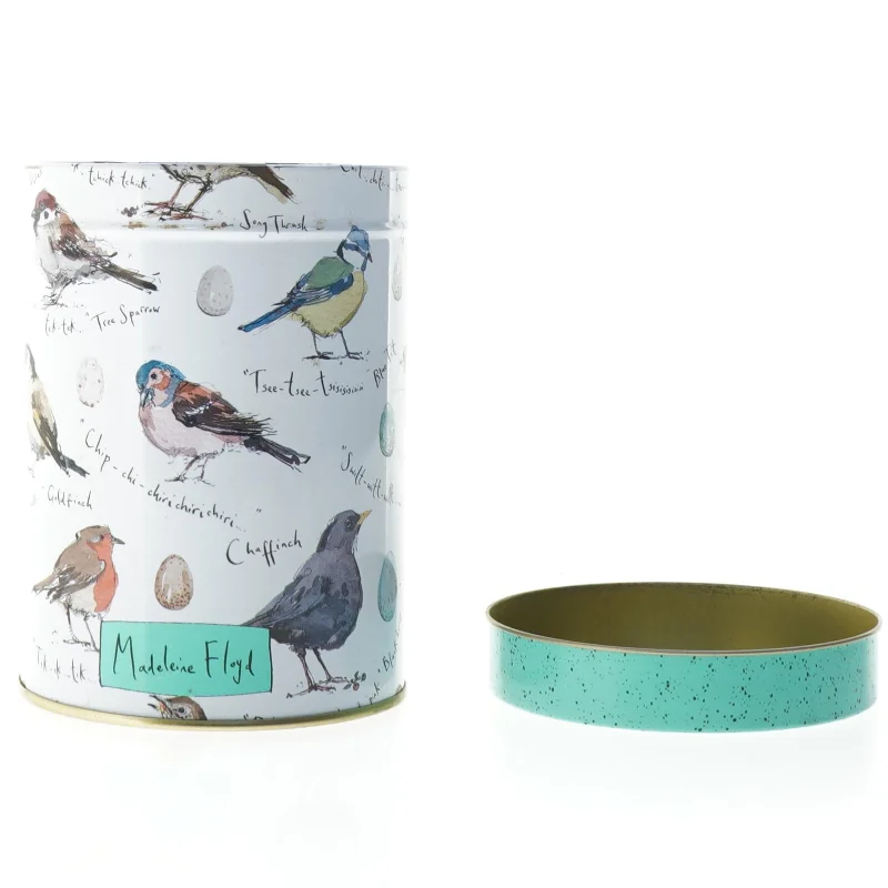 Dekorativ metaldåse med fuglemotiver (str. 15 x 2,5 cm)