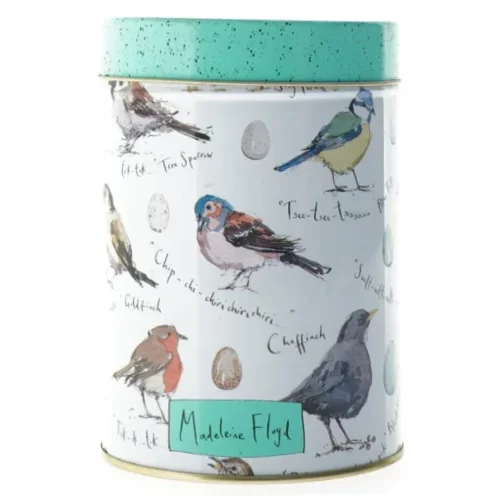Dekorativ metaldåse med fuglemotiver (str. 15 x 2,5 cm)