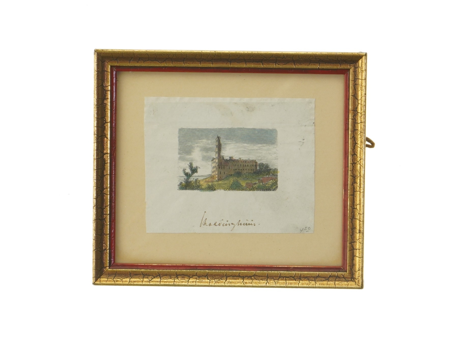 Gammelt indrammet billede (str. 15x13 cm)