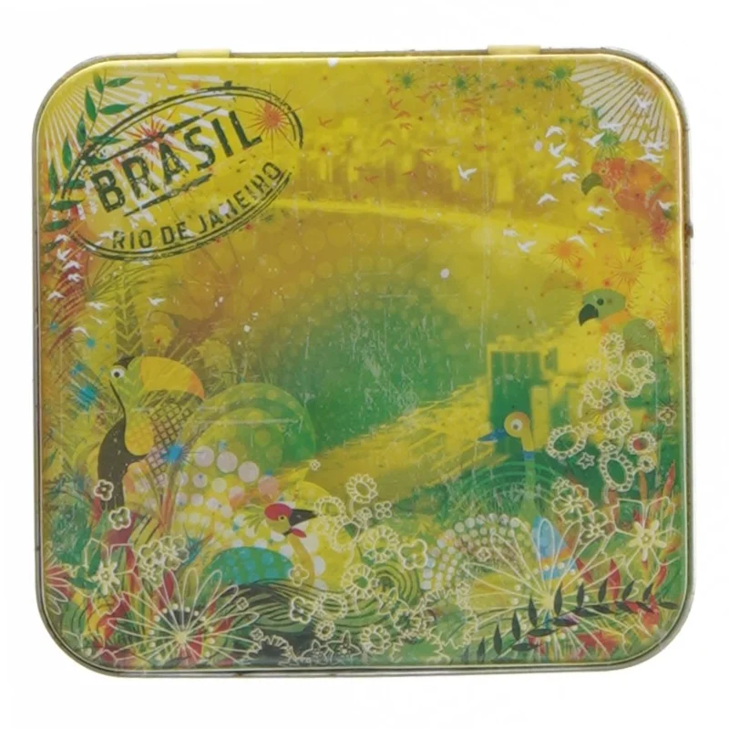 Dekorativ metalæske med Brasil tema (str. 9,5x9 cm)