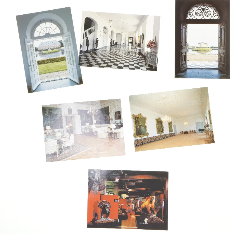 Postkort med arkitektur og interiør (str. 6 stk 17x12 cm)