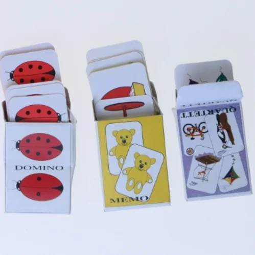 Miniture Kortspil sæt med Memo, Domino og Quartett (str. 5x3,5 cm)