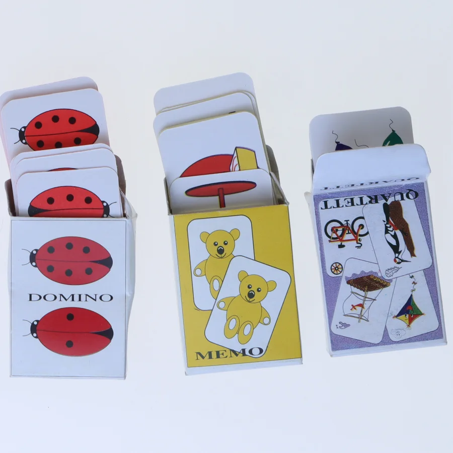 Miniture Kortspil sæt med Memo, Domino og Quartett (str. 5x3,5 cm)