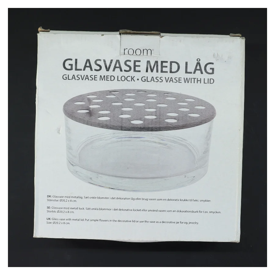 Glasvase med låg med huller i (str. Ø 20 cm)