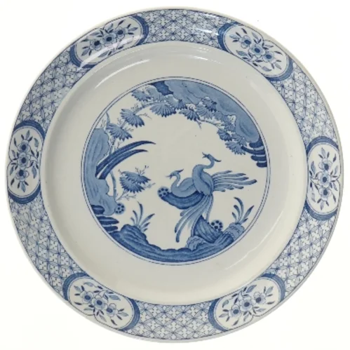 Blå og hvid tallerken med fugldekoration (str. Ø 32,5 cm)