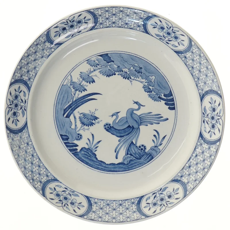 Blå og hvid tallerken med fugldekoration (str. Ø 32,5 cm)
