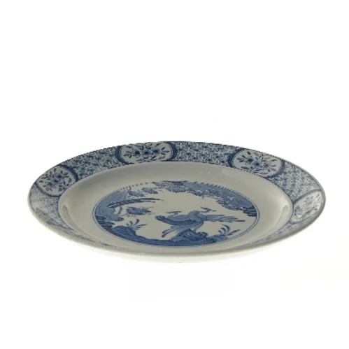 Blå og hvid tallerken med fugldekoration (str. Ø 32,5 cm)
