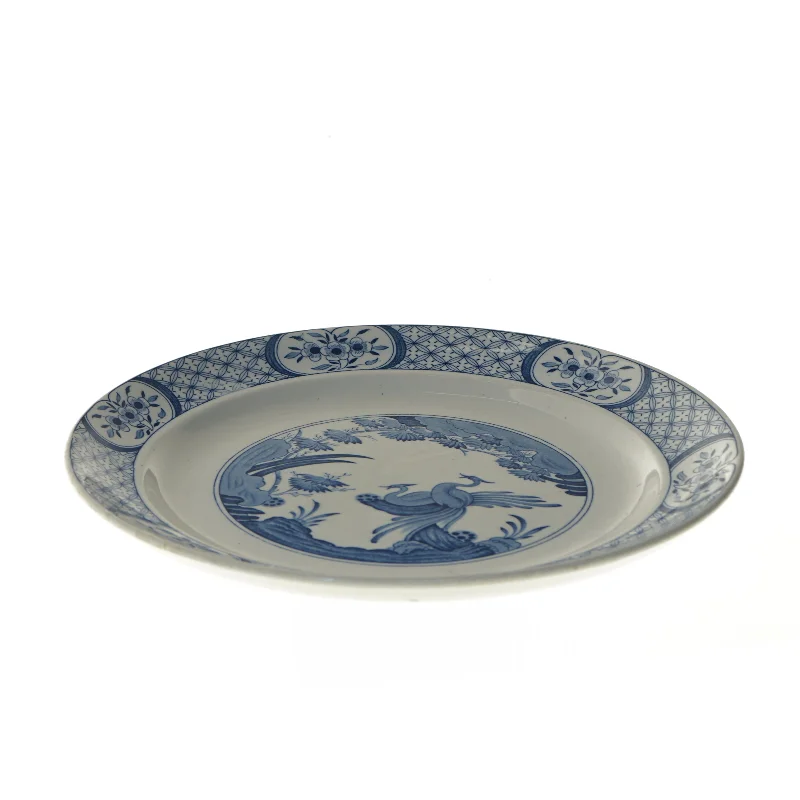 Blå og hvid tallerken med fugldekoration (str. Ø 32,5 cm)