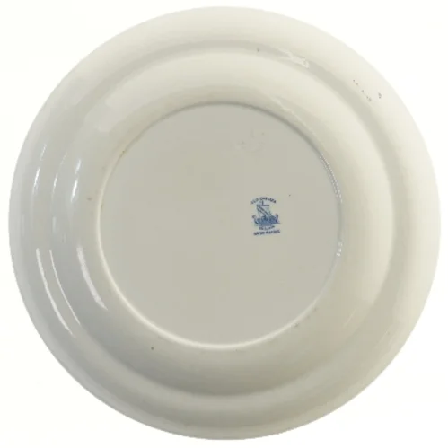 Blå og hvid tallerken med fugldekoration (str. Ø 32,5 cm)