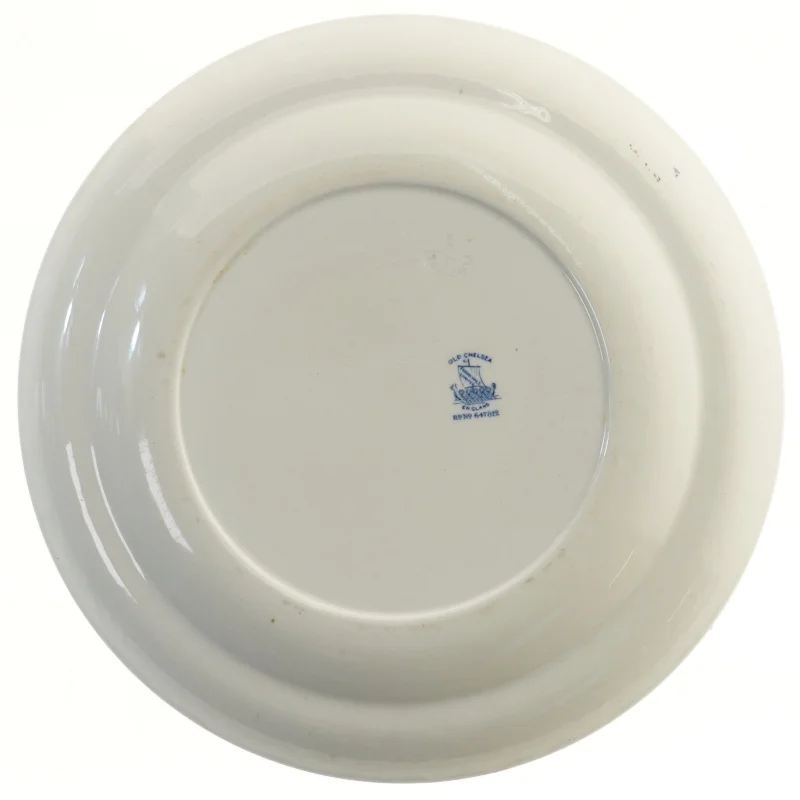 Blå og hvid tallerken med fugldekoration (str. Ø 32,5 cm)