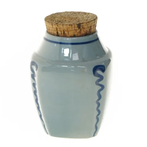 Keramikbeholder med korklåg fra Søholm (str. 16,5 cm)