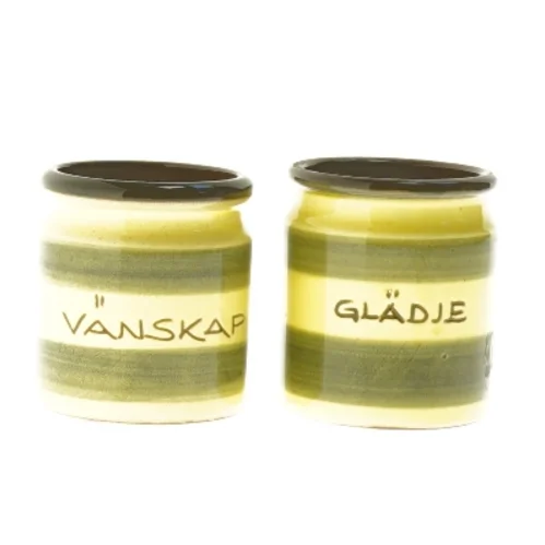 Keramik krukker med tekst (str. 7,5x6 cm)