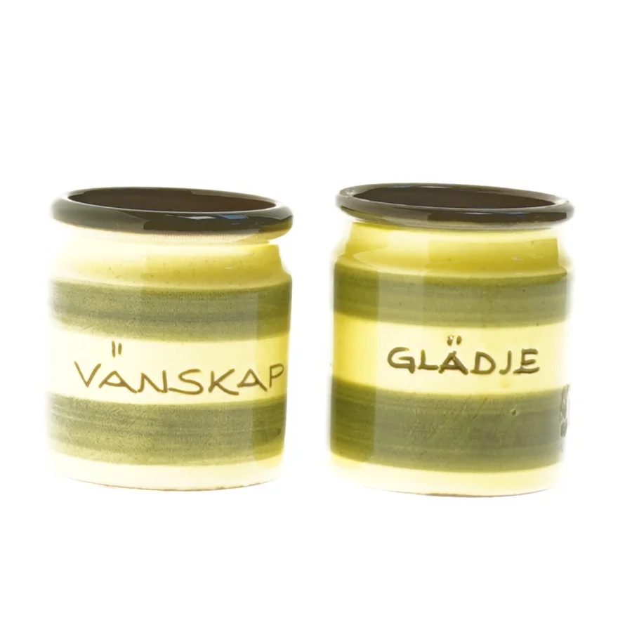 Keramik krukker med tekst (str. 7,5x6 cm)