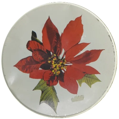 Rund metaldåse med poinsettia dekoration (str. Ø 22 cm)