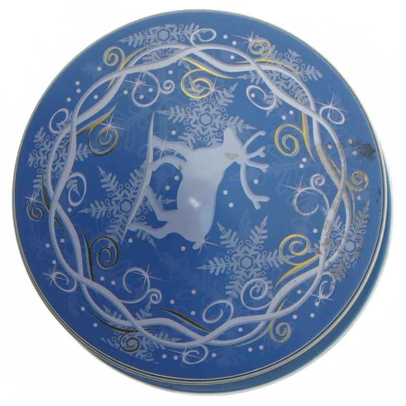 Blå musikdåse med rensdyrmotiv (str. Ø  12x16 cm)