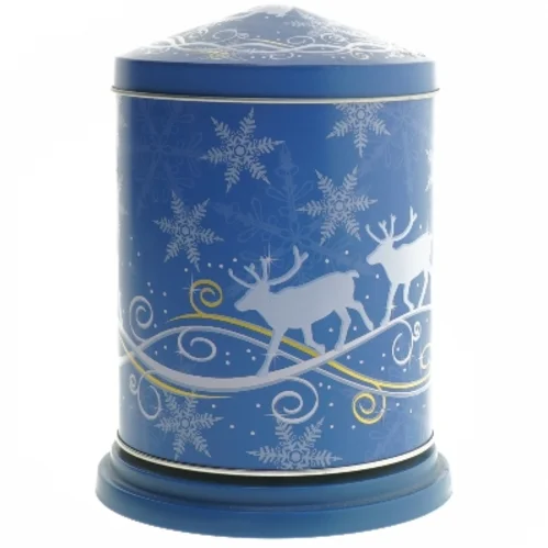 Blå musikdåse med rensdyrmotiv (str. Ø  12x16 cm)
