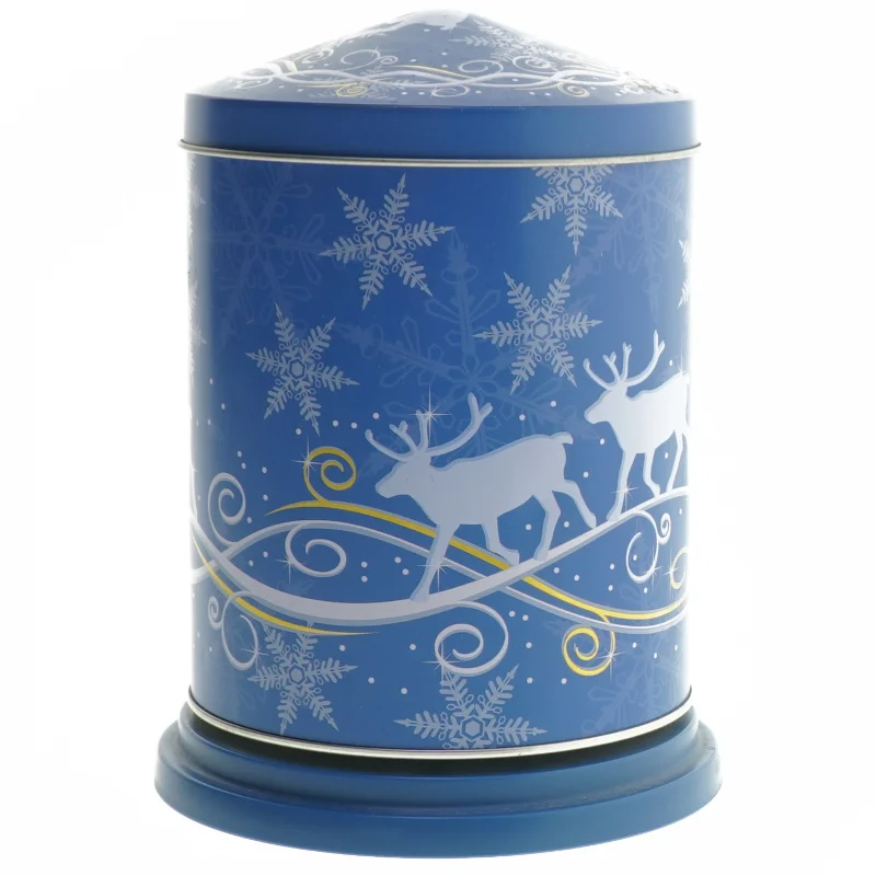 Blå musikdåse med rensdyrmotiv (str. Ø  12x16 cm)