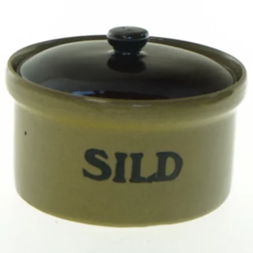 Keramisk sildekrukke med låg (str. Ø 14 cm)