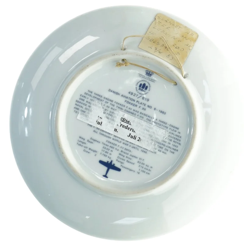B&G Fokker F.XII porcelænsplatte fra B&G (str. Ø 18 cm)