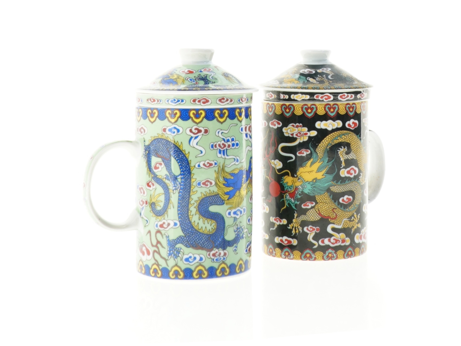 Dekorerede porcelænskrus med låg (str. 14,5 x 7,5 x 11 cm)