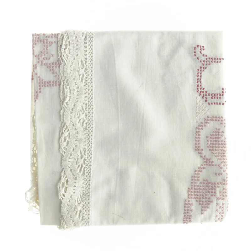 Broderet hvid pyntedug med blonder (str. 80 x 84 cm)