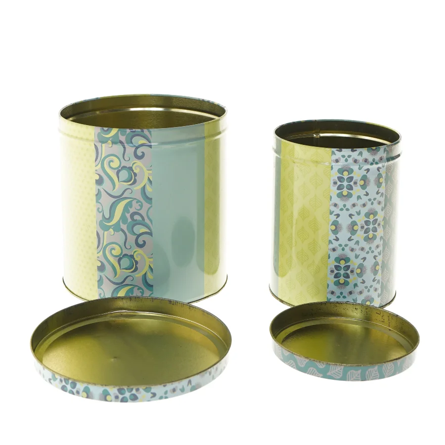 Dekorative blikdåser (str. Ø 11,5 & 15 cm længde 15 & 16 cm)