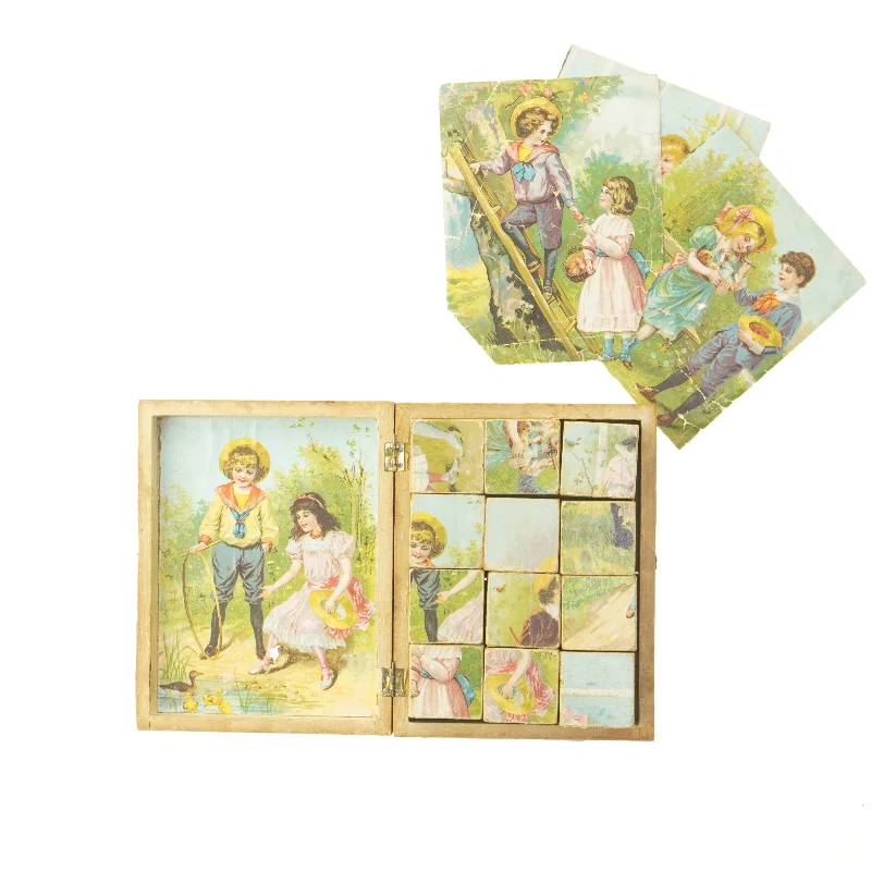 Antikt træpuslespil med illustrerede klodser (str. 5x19x15 cm)