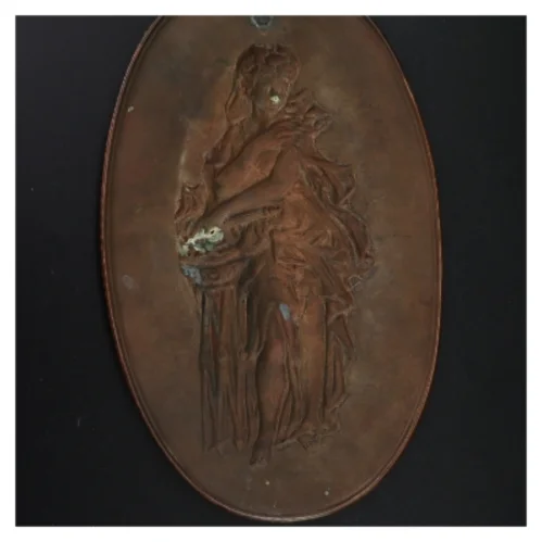 Kobberrelief med kvindefigur (str. 37 x 23 cm. hul)