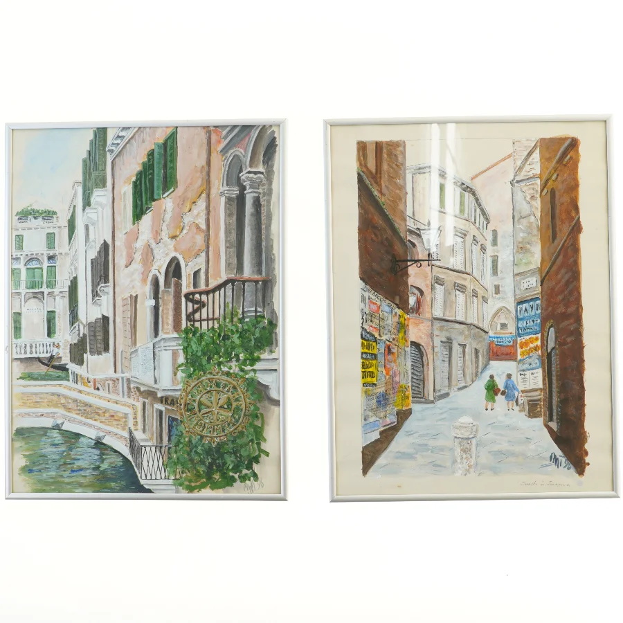 To indrammede billeder af bylandskaber (str. 2 stk 41x31 cm)