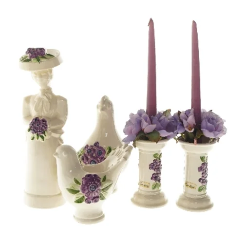 Keramik dekorationssæt med lilla blomster (str. 13-28 cm)