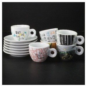 Sæt med kopper og underkopper fra BeConcept (str. 6 styk, ø 11 og 6 cm)