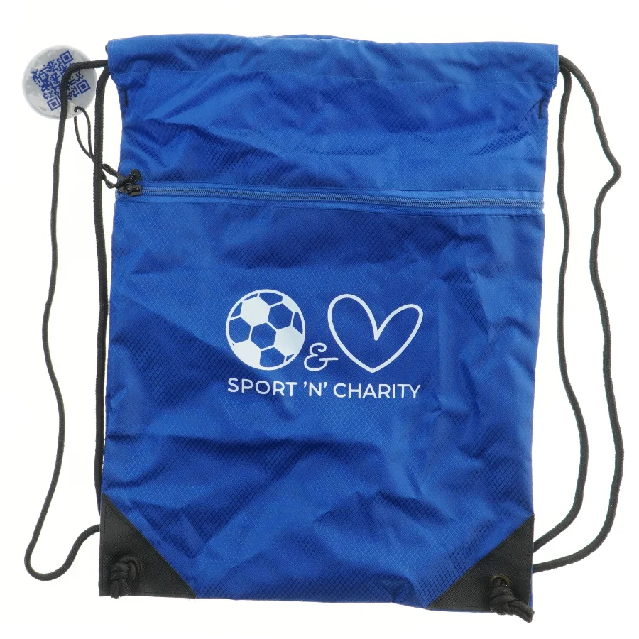 Blå gymnastiktaske med logo (str. 44x33,5 cm)