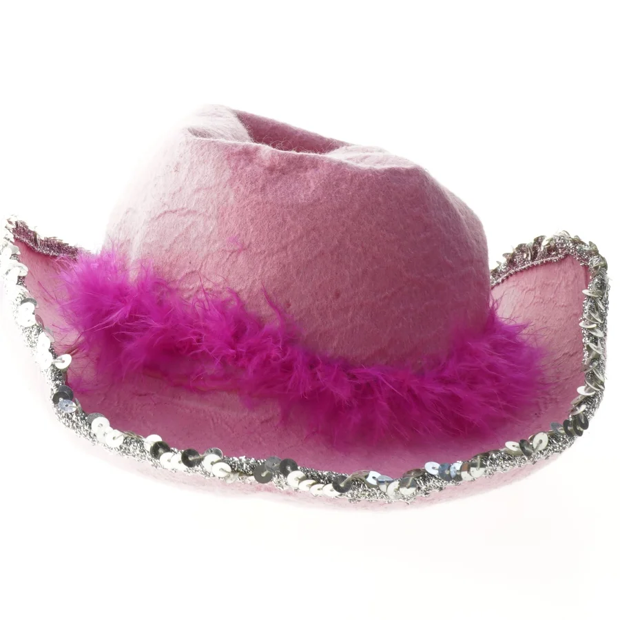 Pyntet cowboyhat i lyserød (str. Ø 20 cm)