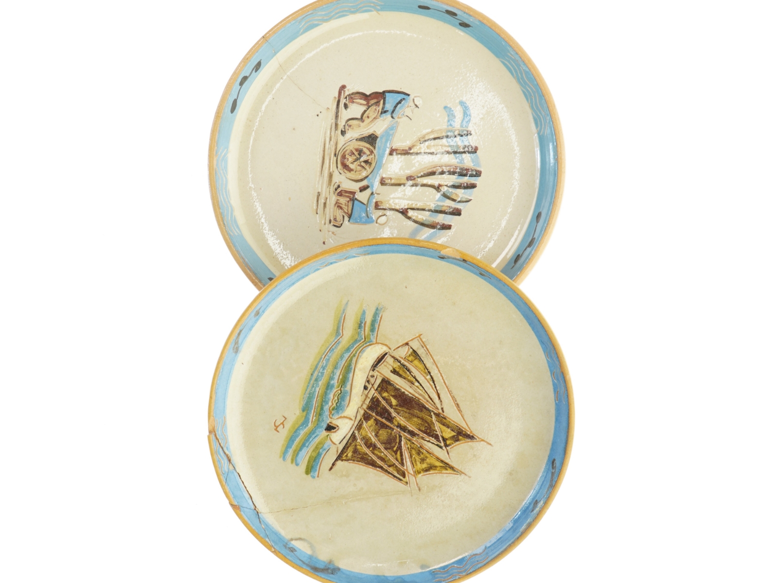 Dekorative keramiktallerkener fra Knabstrup i Arbejdsserien ca 1950 (str. 23 cm i diameter)