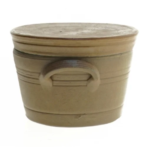 Keramikbeholder med låg (str. Ø. 12,5 cm. længde, 9,5 cm)