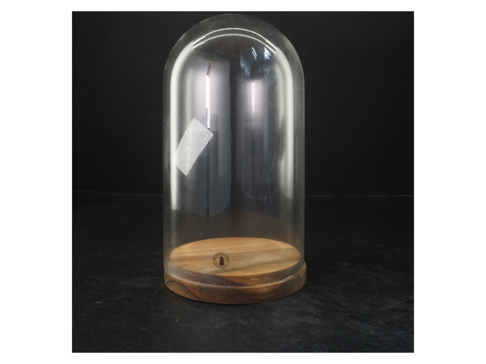 Glas klokke med træbund (str. 26x14 cm)