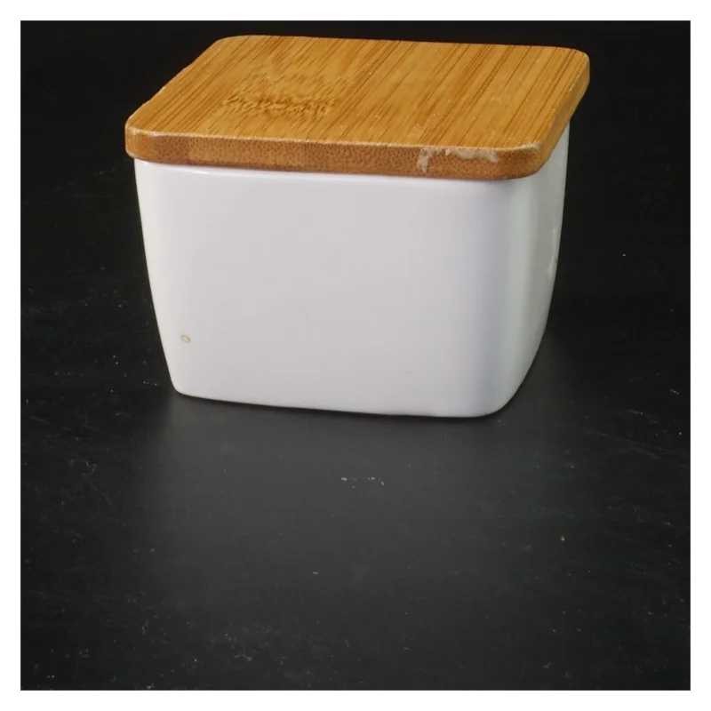 Keramik kasse med trælåg (str. 8x8x5 cm)