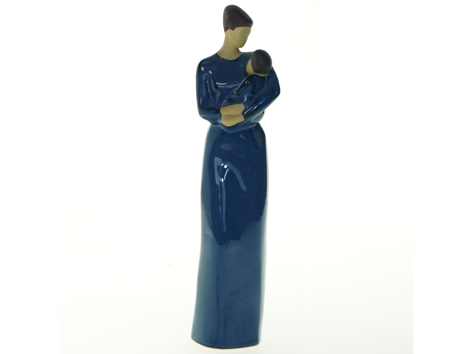 Blå keramikfigur af kvinde med barn (str. 30 cm)