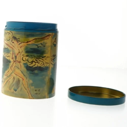 Hans Bendix illustreret metaldåse irma fra Irma (str. Ø. 11,5 cm. længde. 15 cm)