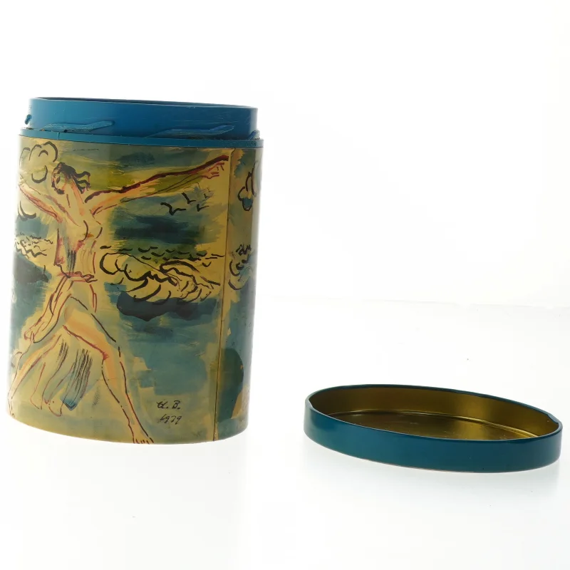 Hans Bendix illustreret metaldåse irma fra Irma (str. Ø. 11,5 cm. længde. 15 cm)