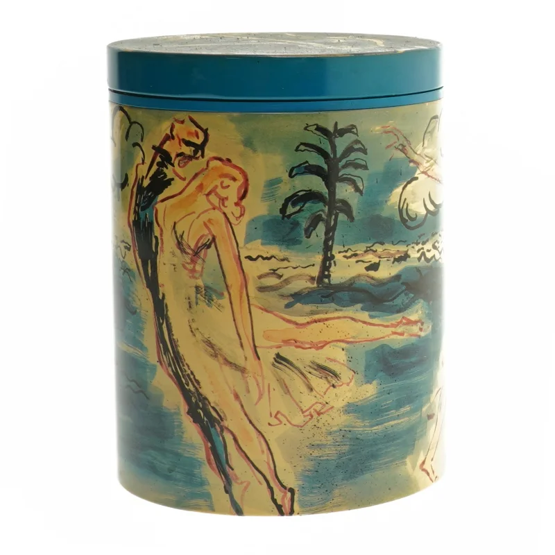 Hans Bendix illustreret metaldåse irma fra Irma (str. Ø. 11,5 cm. længde. 15 cm)