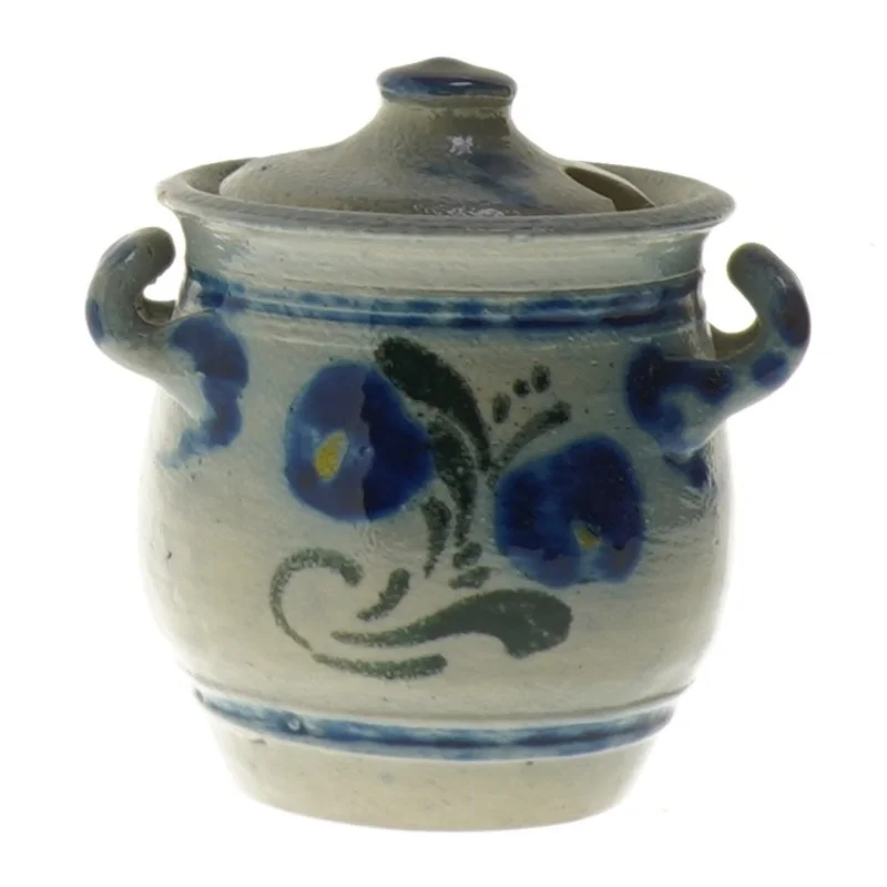 Keramik krukke med låg og dekor (str. Ø 6,5 cm længde 7,5 cm)