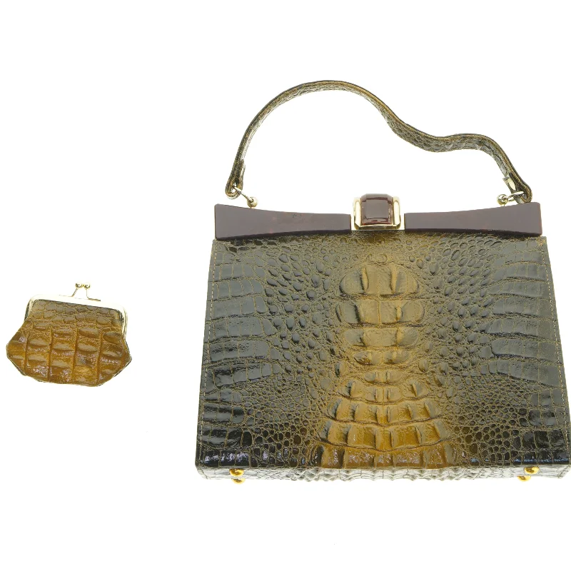 Vintage krokodillemønstret håndtaske med pung (str. 25,5x8 cm)