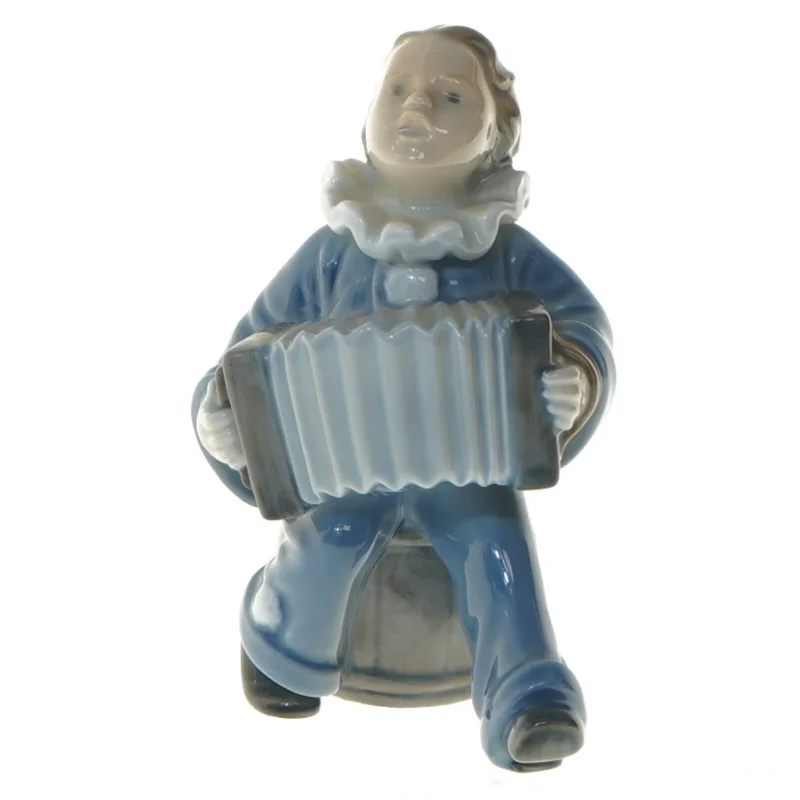 Porcelænsfigur af klovn med harmonika fra Royal Copenhagen (str. 11x5 cm)