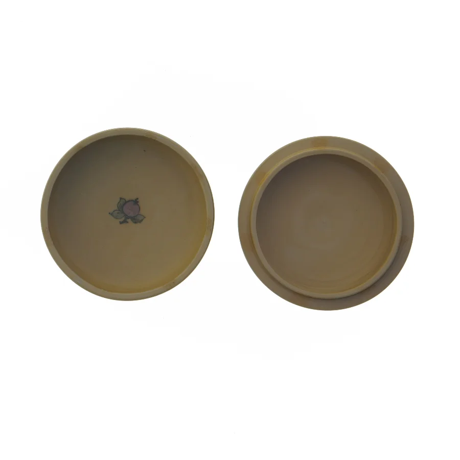 Rund dekoreret keramisk skål med låg L. Hjort (str. Ø 13 cm)