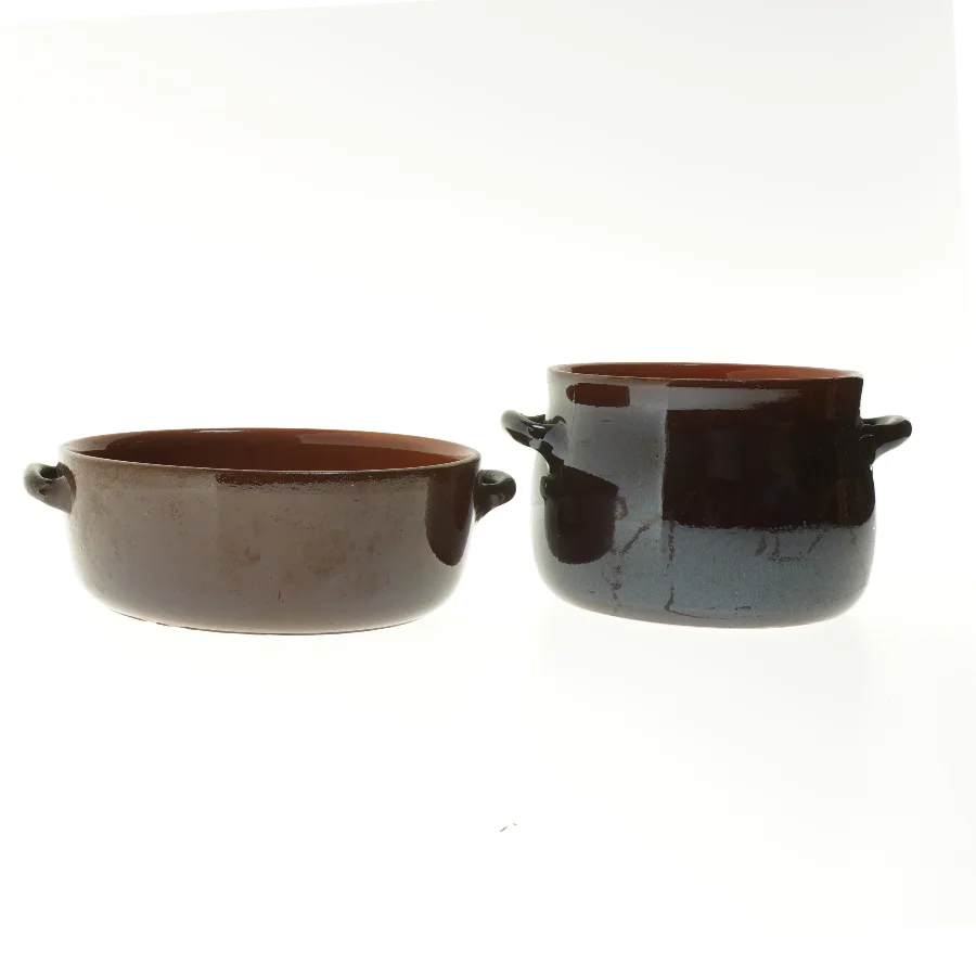 Brune keramikgryder med hank (str. 2 stk Ø 15,5 & 21 cm)